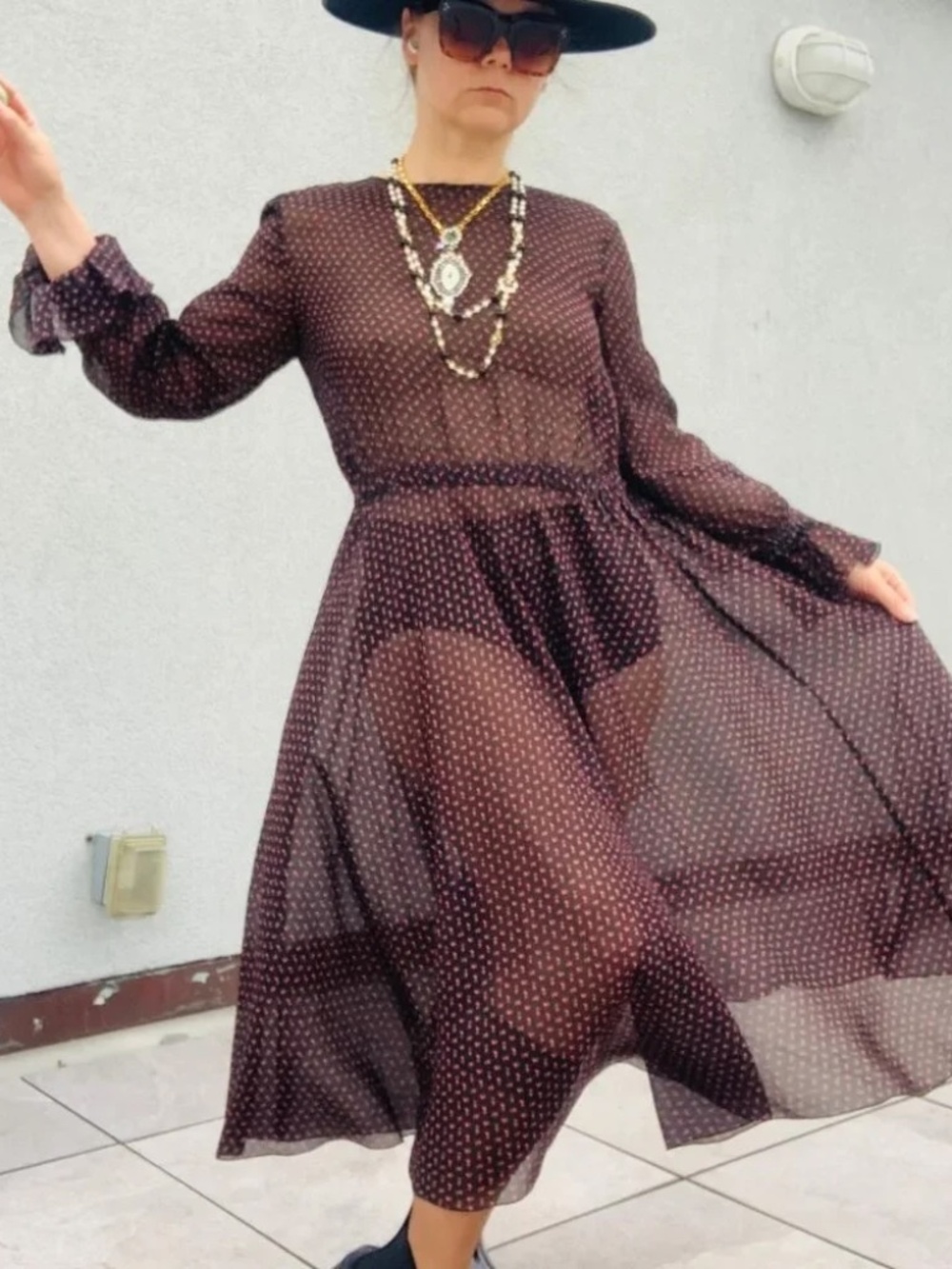Philosophy Sheer Midi Dress Micro Floral Print Ditzy Black Ditzy Print